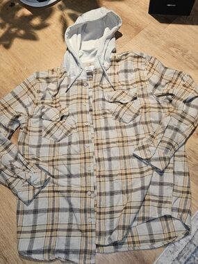 Hurley Men’s Flannel Plaid Button-Up Hooded Shirt Beige Gray Brown LARGE Skater